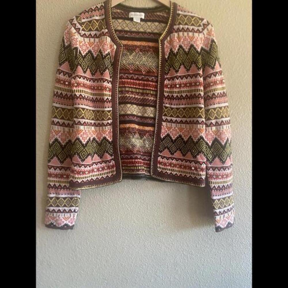 Vintage Rare Monsoon Cardigan Beaded Size Small/ 4 Festive Print Knit‎ Wool UK 8